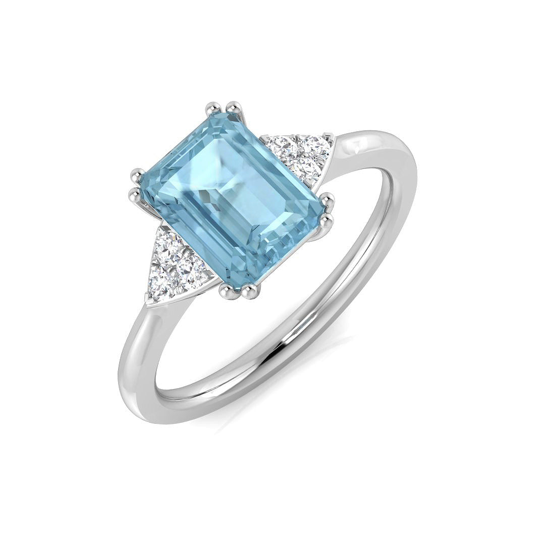 Emerald Aquamarine Diamond Ring with Round Side Accents in 10K/14K gold and platinum with certified lab-grown or natural diamonds