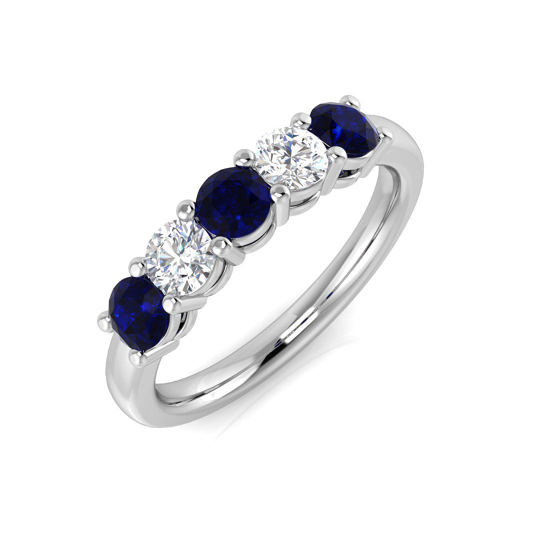Blue Sapphire 5 Stone Ring with Natural Round Diamond Ring in 10K/14K gold and platinum with certified lab-grown or natural diamonds