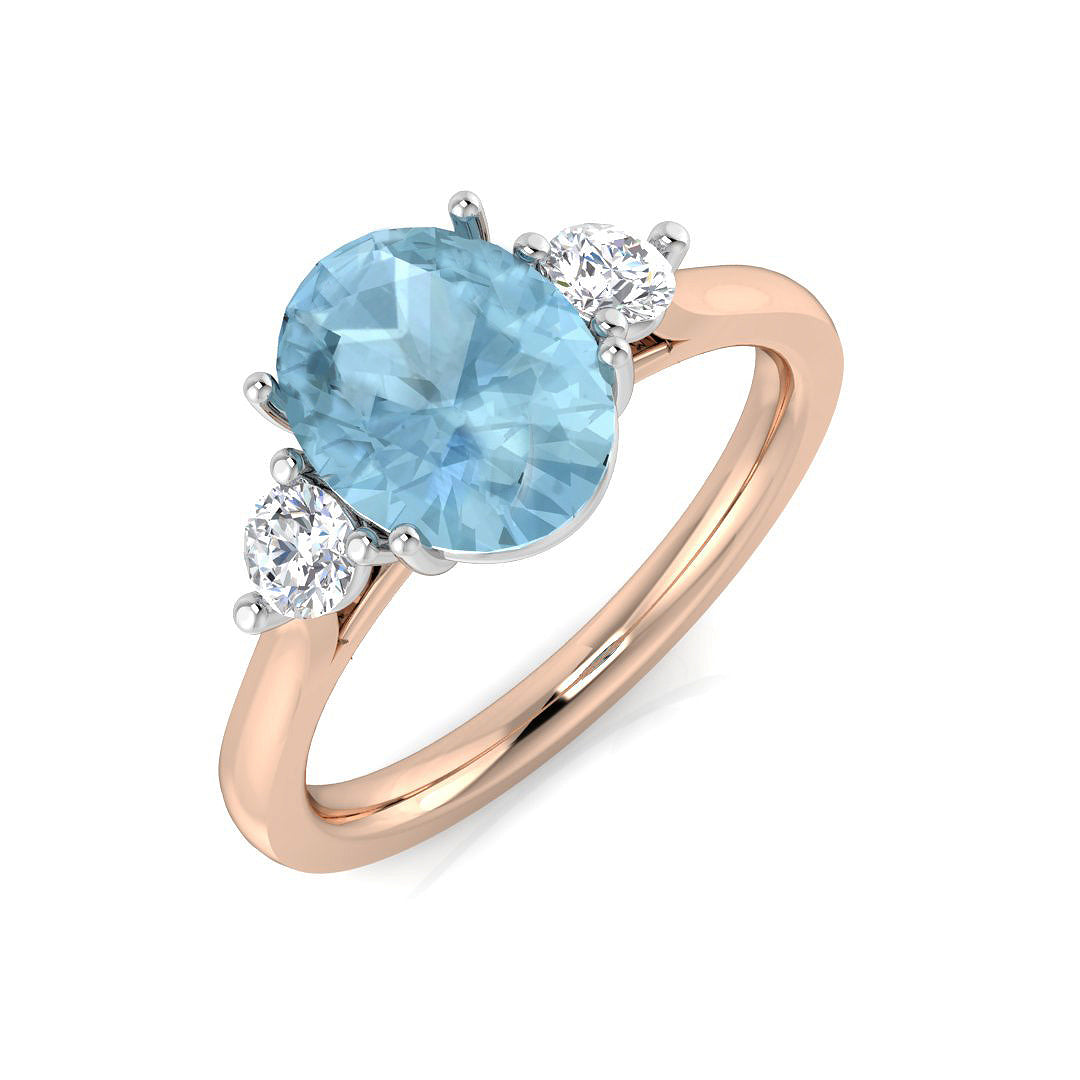Oval Cut Aquamarine Three Stone Ring with Diamond Side Stones in 10K/14K gold and platinum with certified lab-grown or natural diamonds