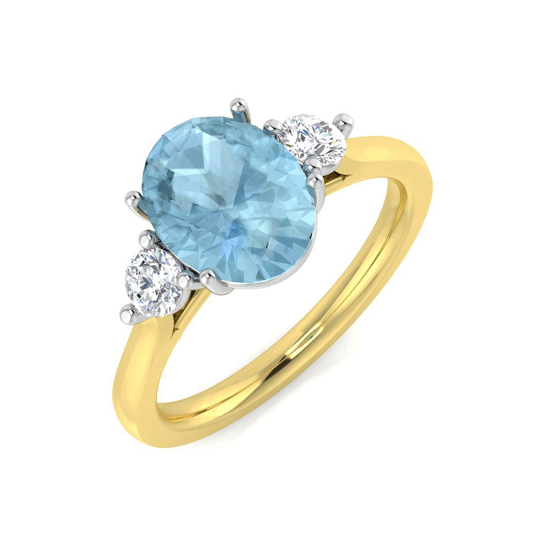 Oval Cut Aquamarine Three Stone Ring with Diamond Side Stones in 10K/14K gold and platinum with certified lab-grown or natural diamonds