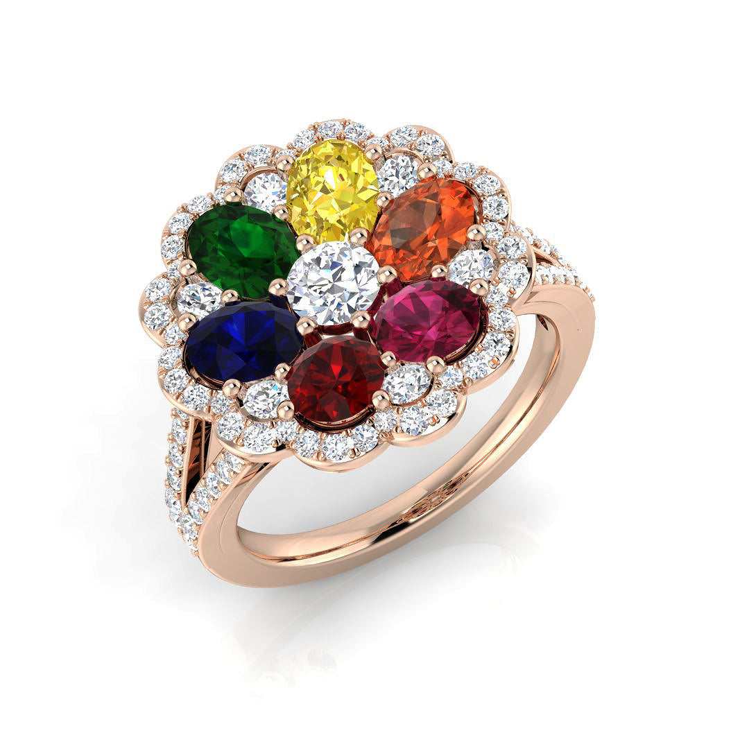 Multi Sapphire Ring Floral Halo Diamond Cluster Ring in 10K/14K gold and platinum with certified lab-grown or natural diamonds