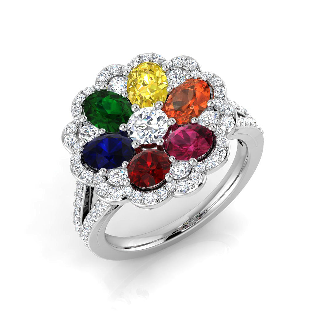 Multi Sapphire Ring Floral Halo Diamond Cluster Ring in 10K/14K gold and platinum with certified lab-grown or natural diamonds