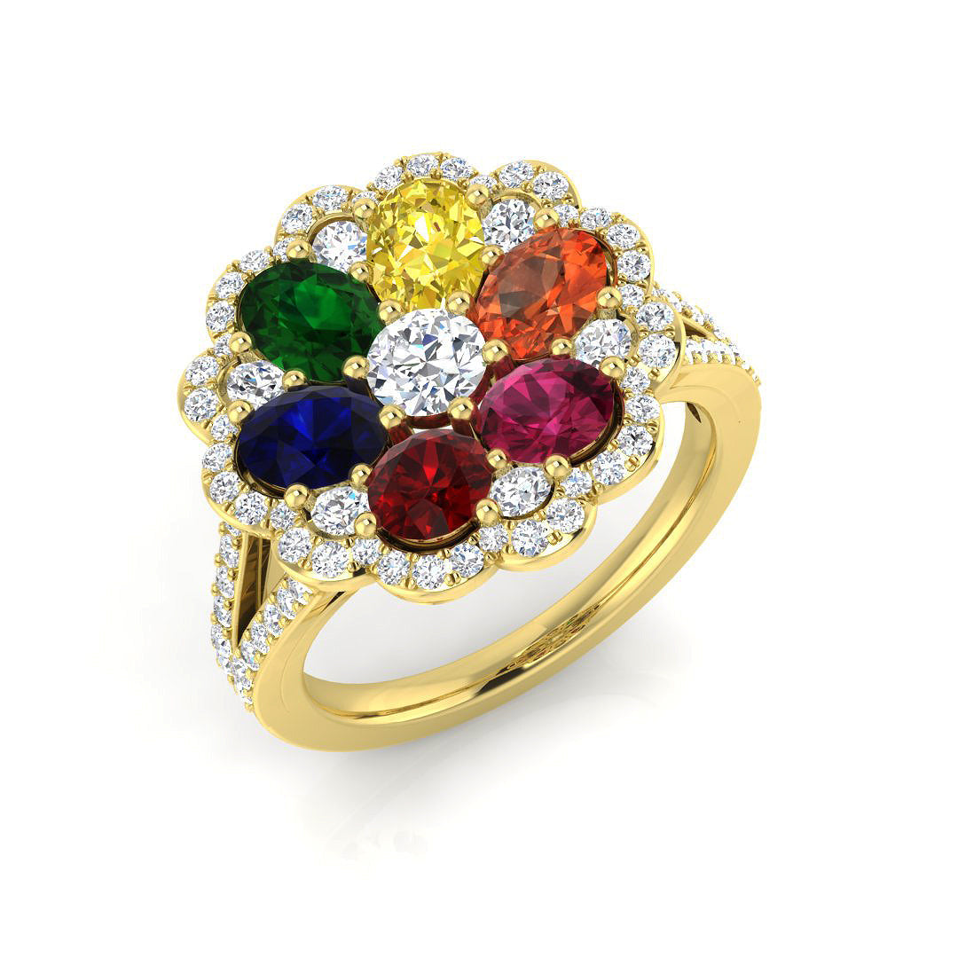 Multi Sapphire Ring Floral Halo Diamond Cluster Ring in 10K/14K gold and platinum with certified lab-grown or natural diamonds