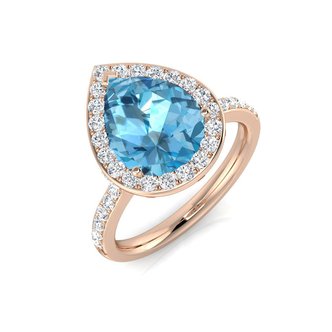 Pear Cut Aquamarine Halo Ring with Diamond Pave Band - UK Made in 10K/14K gold and platinum with certified lab-grown or natural diamonds