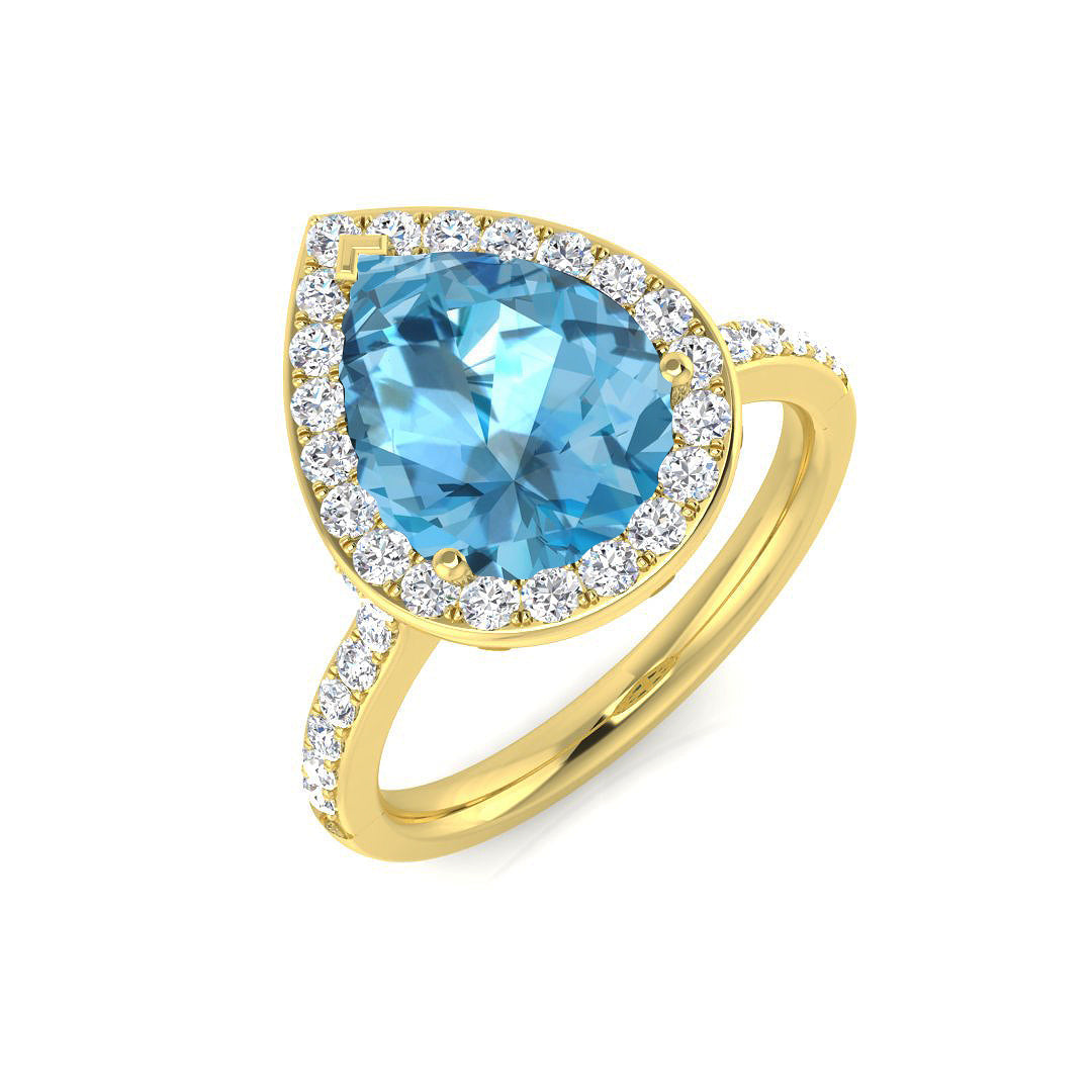 Pear Cut Aquamarine Halo Ring with Diamond Pave Band - UK Made in 10K/14K gold and platinum with certified lab-grown or natural diamonds