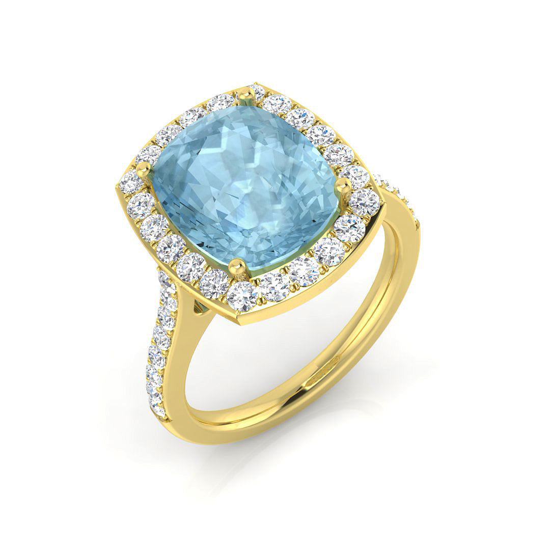 Cushion Cut Aquamarine Halo Ring with Diamond Pave Band - Natural in 10K/14K gold and platinum with certified lab-grown or natural diamonds