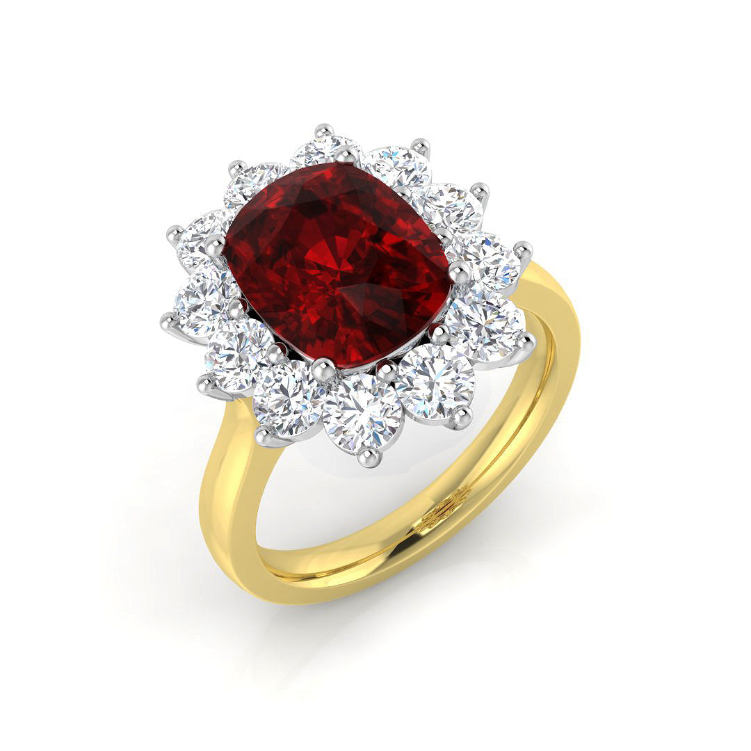 Cushion Cut Ruby Halo Ring with Round Cluster Natural Diamond in 10K/14K gold and platinum with certified lab-grown or natural diamonds