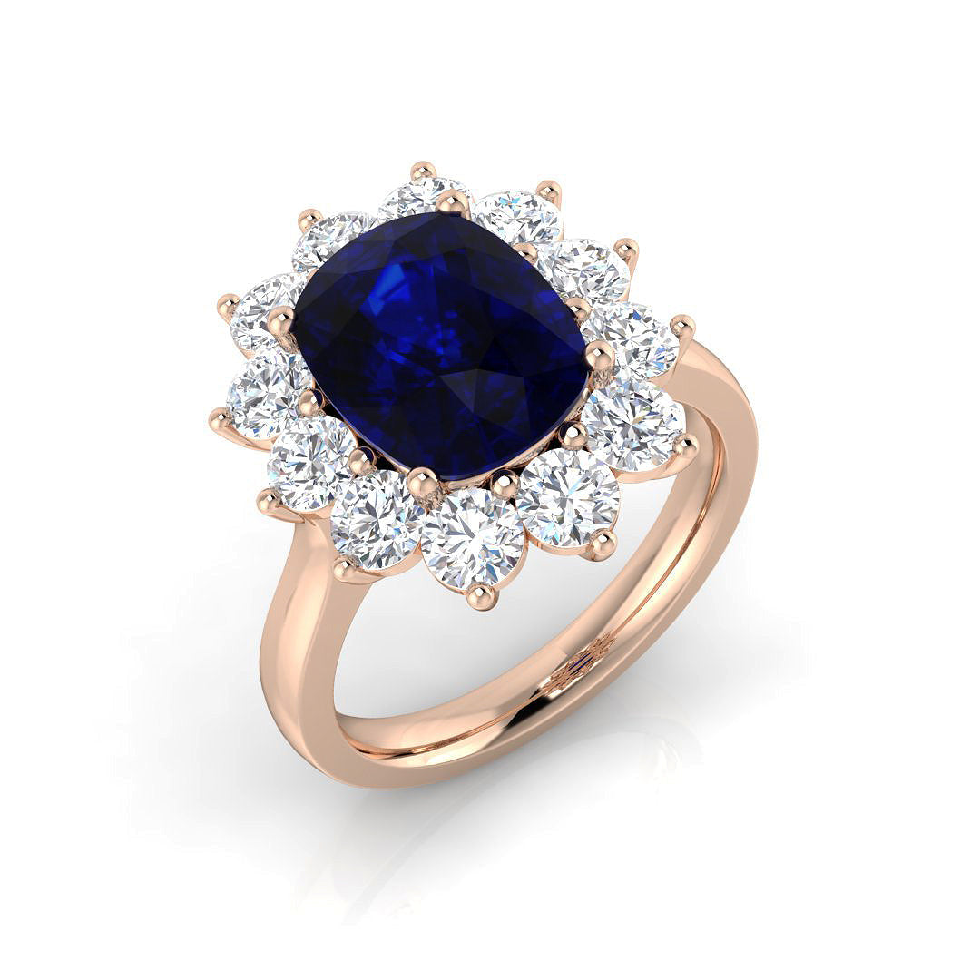 Cushion Cut Blue Sapphire Halo Ring with Round Cluster Natural Diamond in 10K/14K gold and platinum with certified lab-grown or natural diamonds