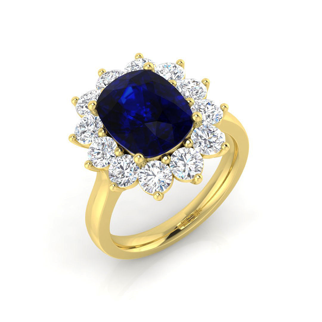 Cushion Cut Blue Sapphire Halo Ring with Round Cluster Natural Diamond in 10K/14K gold and platinum with certified lab-grown or natural diamonds