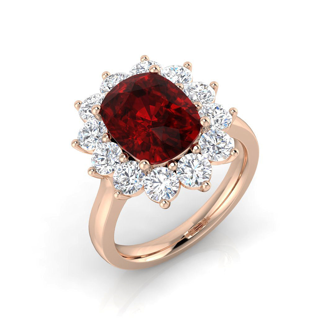 Cushion Cut Ruby Halo Ring with Round Cluster Natural Diamond in 10K/14K gold and platinum with certified lab-grown or natural diamonds