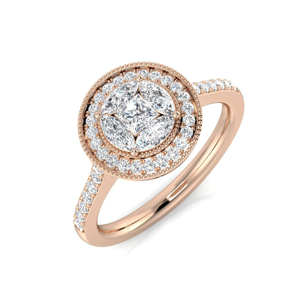 Princess Cut Diamond Halo Ring with Marquise & Round Stones 0.75ct in 10K/14K gold and platinum with certified lab-grown or natural diamonds
