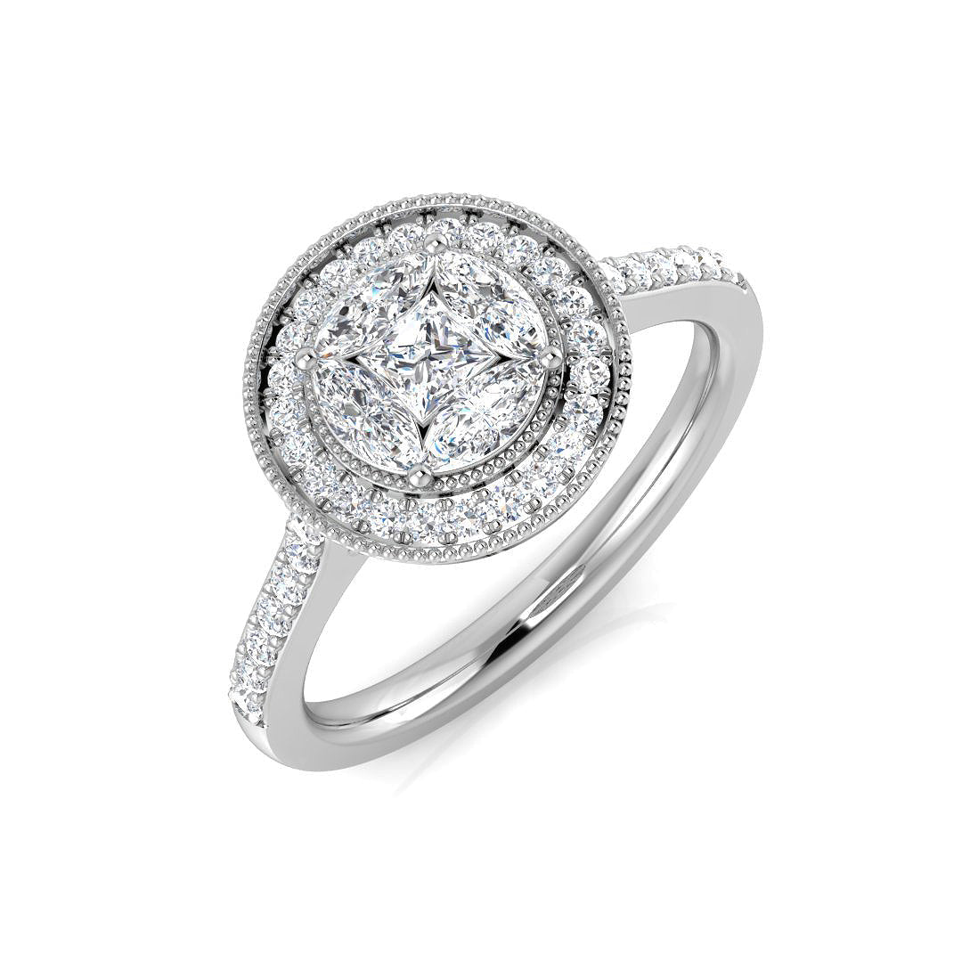 Princess Cut Diamond Halo Ring with Marquise & Round Stones 0.75ct in 10K/14K gold and platinum with certified lab-grown or natural diamonds