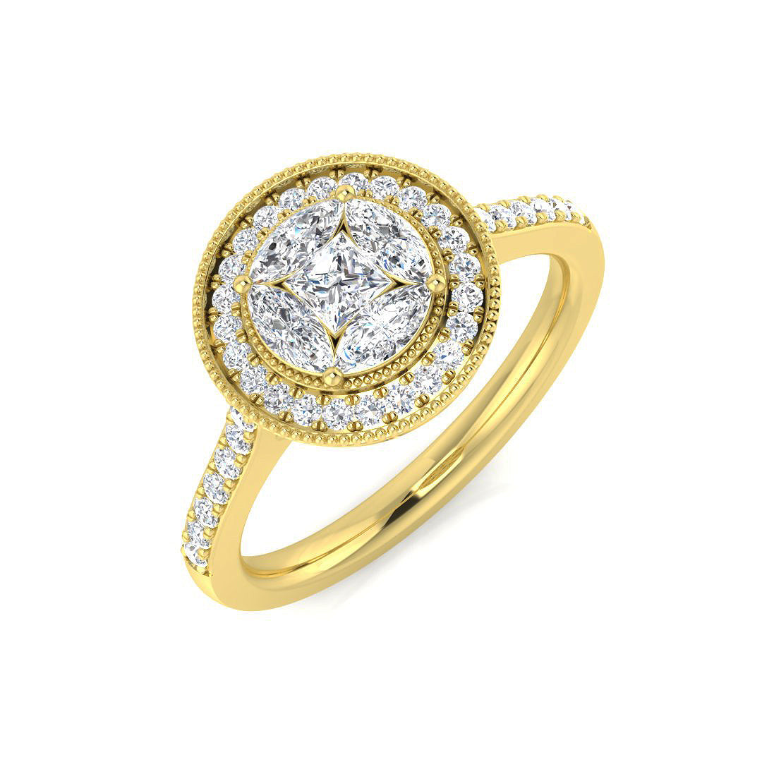Princess Cut Diamond Halo Ring with Marquise & Round Stones 0.75ct in 10K/14K gold and platinum with certified lab-grown or natural diamonds