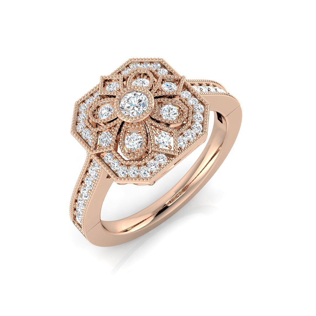 Lab Grown Floral Round Diamond Art Deco Vintage Ring in 10K/14K gold and platinum with certified lab-grown or natural diamonds