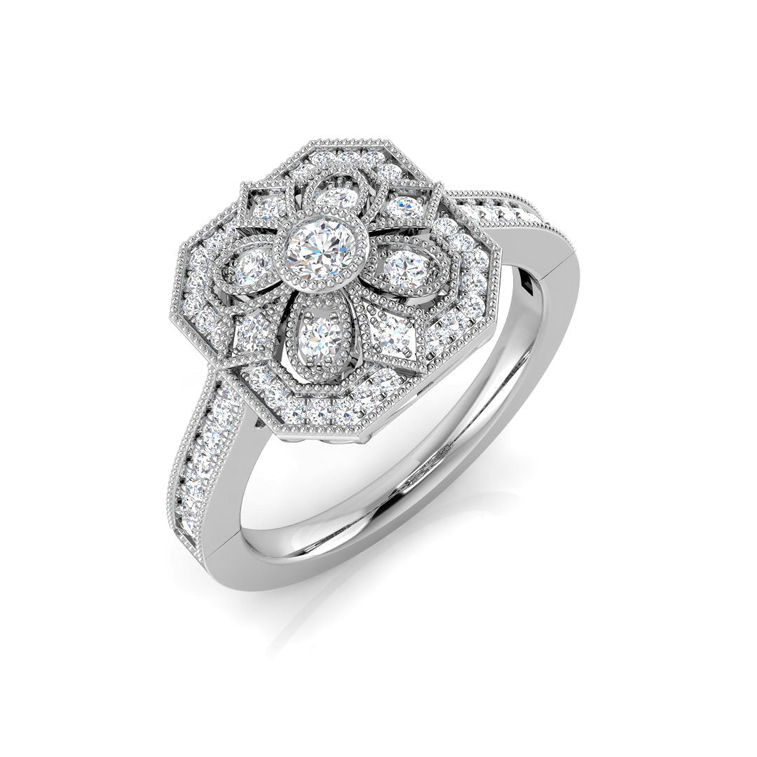Lab Grown Floral Round Diamond Art Deco Vintage Ring in 10K/14K gold and platinum with certified lab-grown or natural diamonds