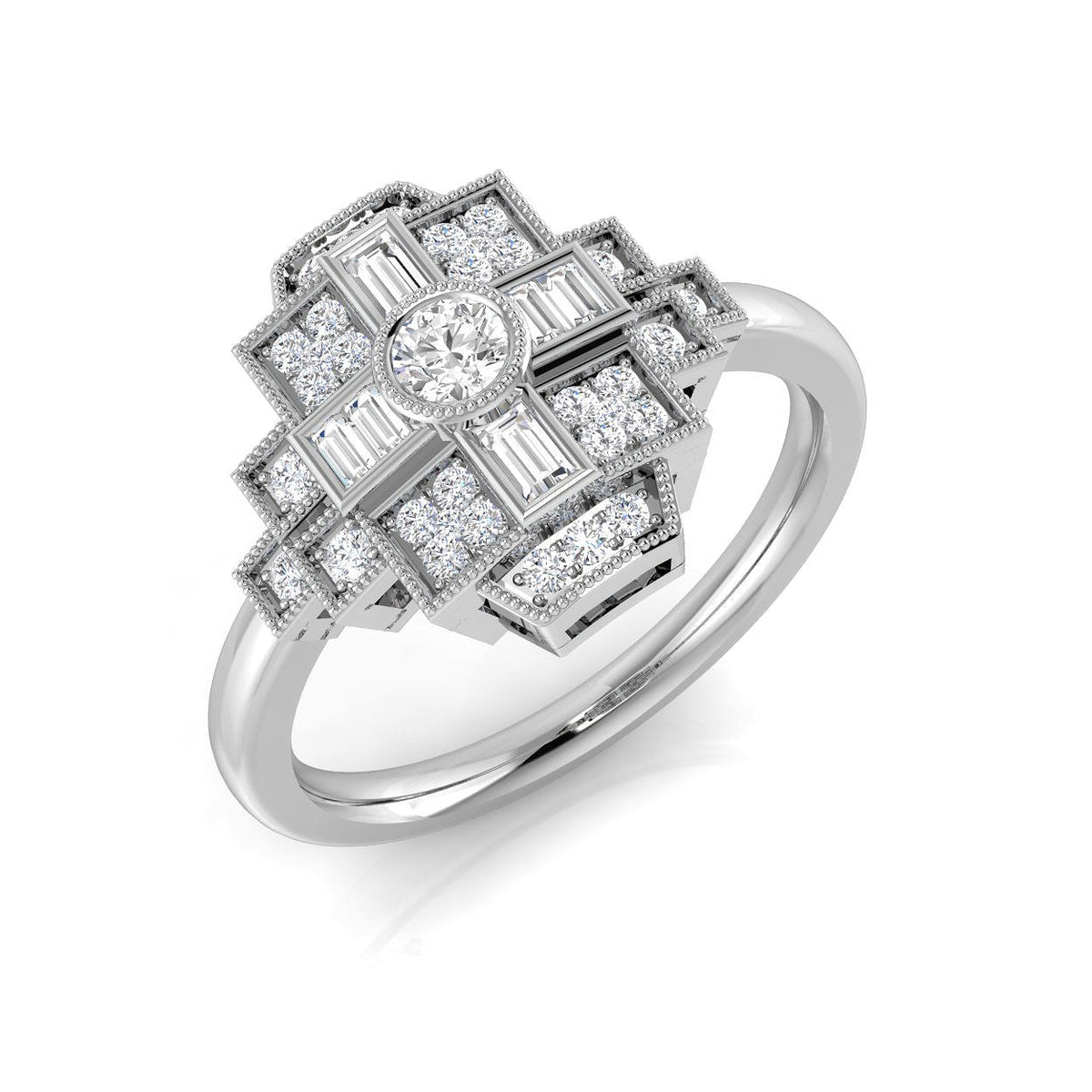 Lab-Grown Round & Baguette Diamond Vintage Ring in 10K/14K gold and platinum with certified lab-grown or natural diamonds