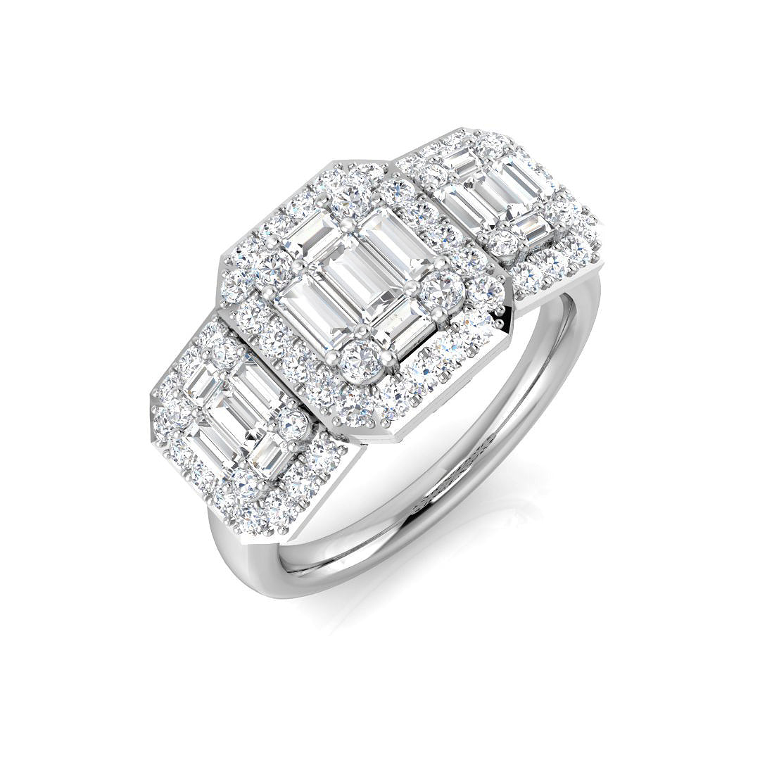 Baguette & Round Diamond Halo Style Engagement Ring In 0.50ct - 2.25ct in 10K/14K gold and platinum with certified lab-grown or natural diamonds