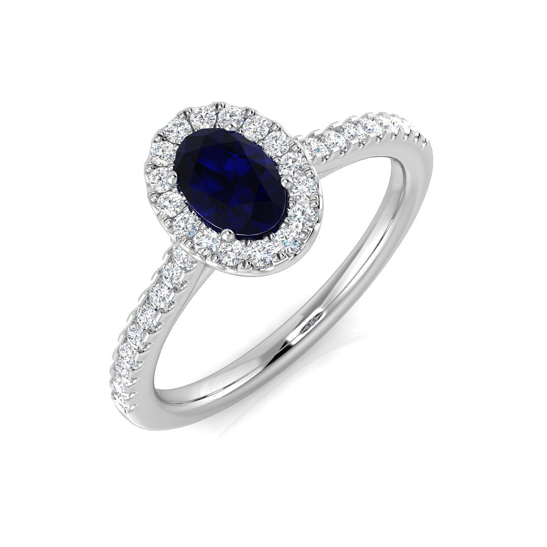 Oval Blue Sapphire Halo Engagement Ring with Diamond Pave Band in 10K/14K gold and platinum with certified lab-grown or natural diamonds