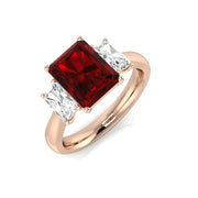 Ruby Three Stone Ring with Baguette Diamonds in 10K/14K gold and platinum with certified lab-grown or natural diamonds