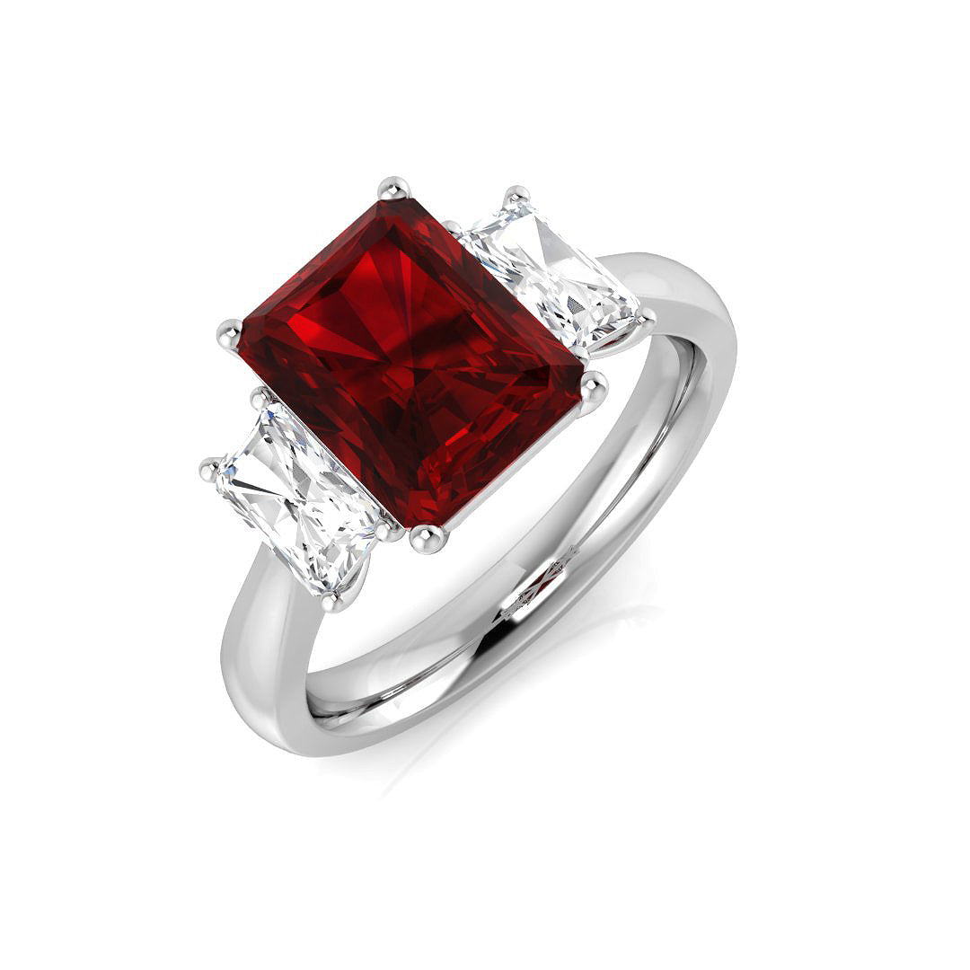 Ruby Three Stone Ring with Baguette Diamonds in 10K/14K gold and platinum with certified lab-grown or natural diamonds