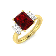 Ruby Three Stone Ring with Baguette Diamonds in 10K/14K gold and platinum with certified lab-grown or natural diamonds
