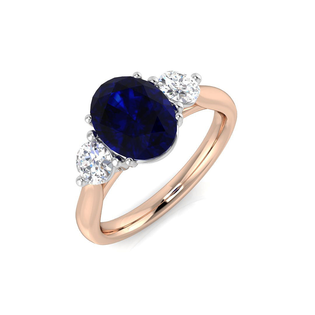 Two-Tone Natural Diamond Three-Stone Ring with Oval Colour Gemstone in 10K/14K gold and platinum with certified lab-grown or natural diamonds