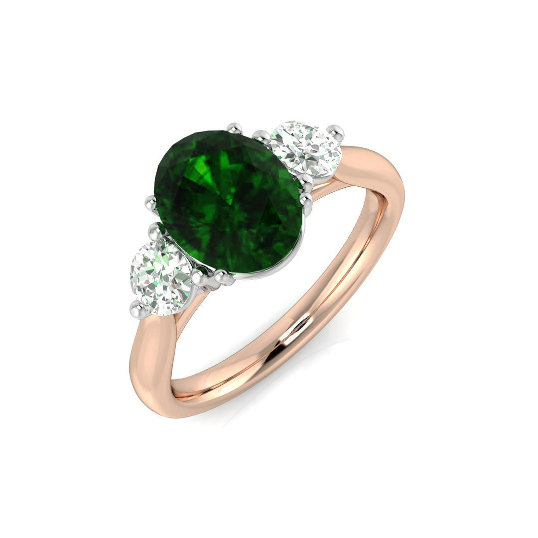 Two-Tone Natural Diamond Three-Stone Ring with Oval Colour Gemstone in 10K/14K gold and platinum with certified lab-grown or natural diamonds