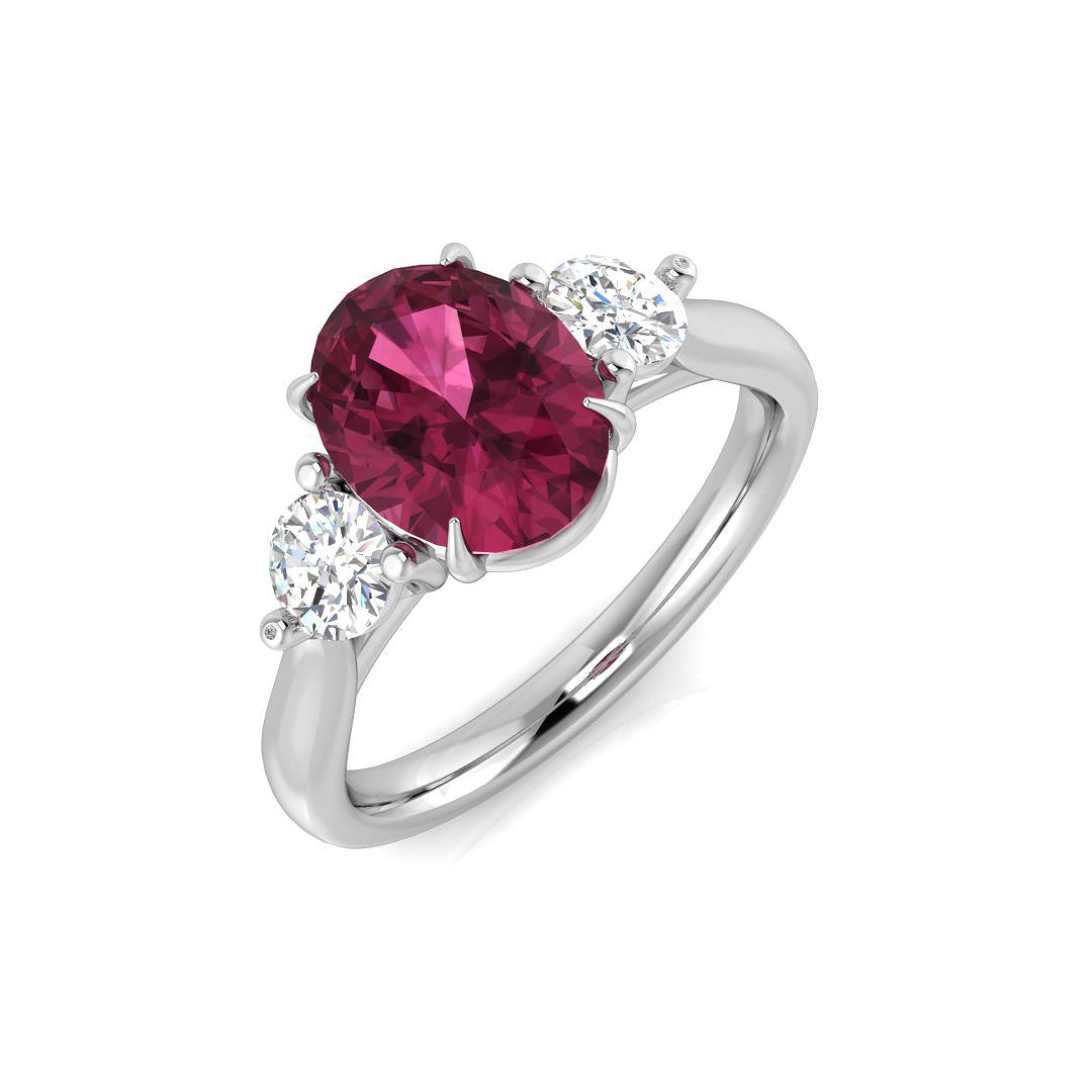 Two-Tone Natural Diamond Three-Stone Ring with Oval Colour Gemstone in 10K/14K gold and platinum with certified lab-grown or natural diamonds