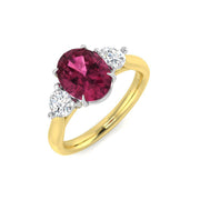 Two-Tone Natural Diamond Three-Stone Ring with Oval Colour Gemstone in 10K/14K gold and platinum with certified lab-grown or natural diamonds