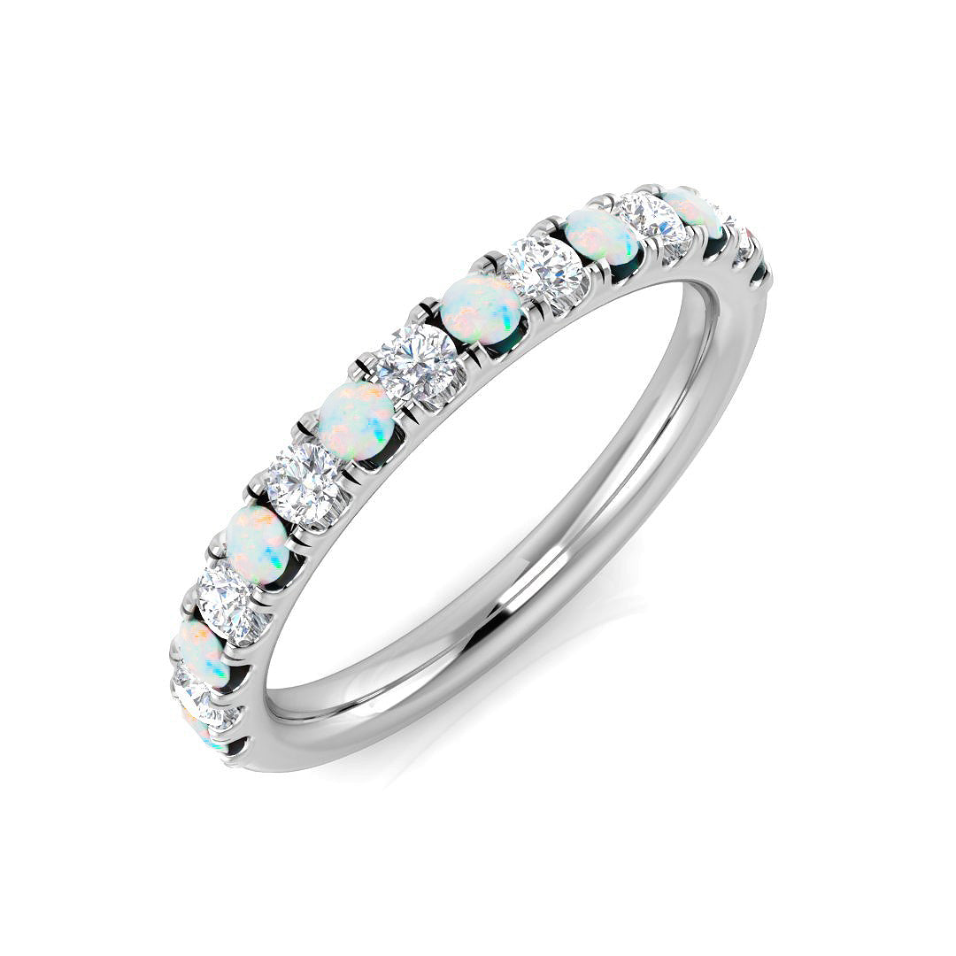 Opal & Round Diamond Half Eternity Ring in 10K/14K gold and platinum with certified lab-grown or natural diamonds