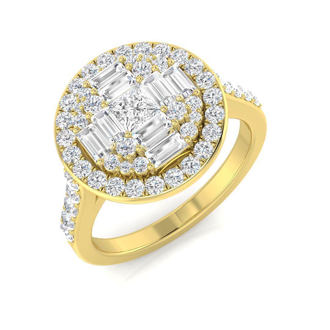 Princess Cut Baguette & Round Diamond Halo Ring 1.00ct in 10K/14K gold and platinum with certified lab-grown or natural diamonds