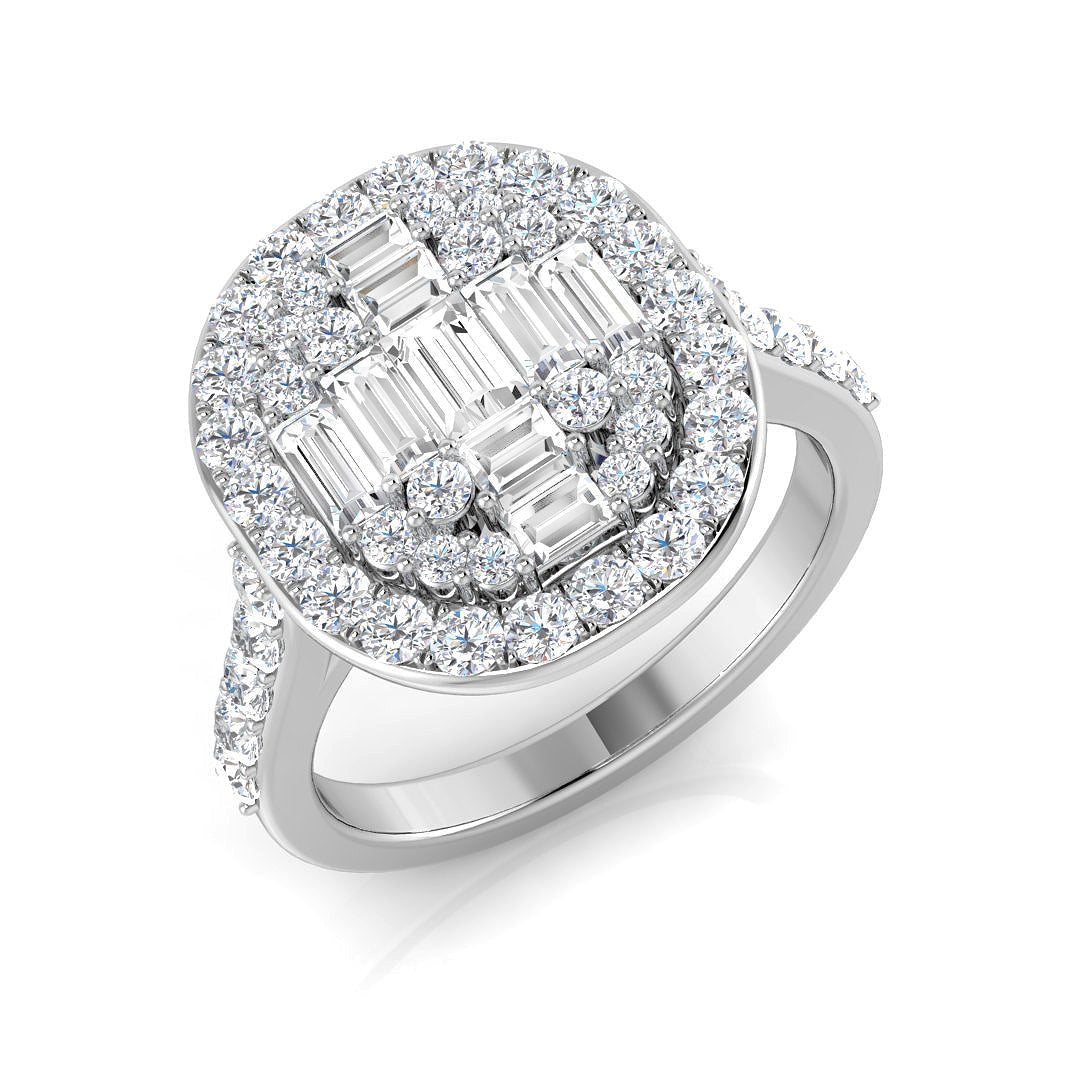 Baguette & Round Diamond Halo Ring 1.25ct Cluster UK Made in 10K/14K gold and platinum with certified lab-grown or natural diamonds