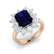 Emerald Cut Blue Sapphire Halo Ring Floral Cluster Natural Diamond in 10K/14K gold and platinum with certified lab-grown or natural diamonds