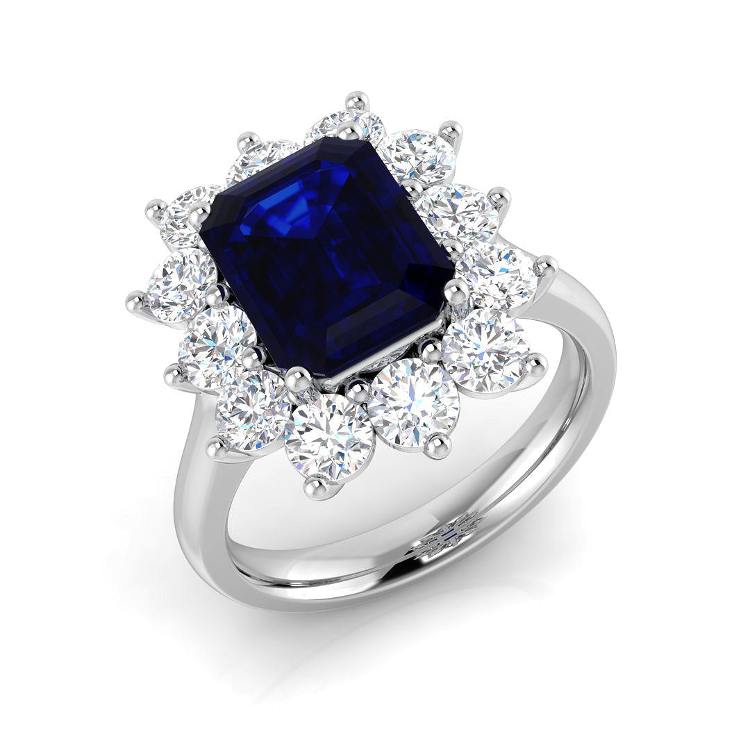 Emerald Cut Blue Sapphire Halo Ring Floral Cluster Natural Diamond in 10K/14K gold and platinum with certified lab-grown or natural diamonds