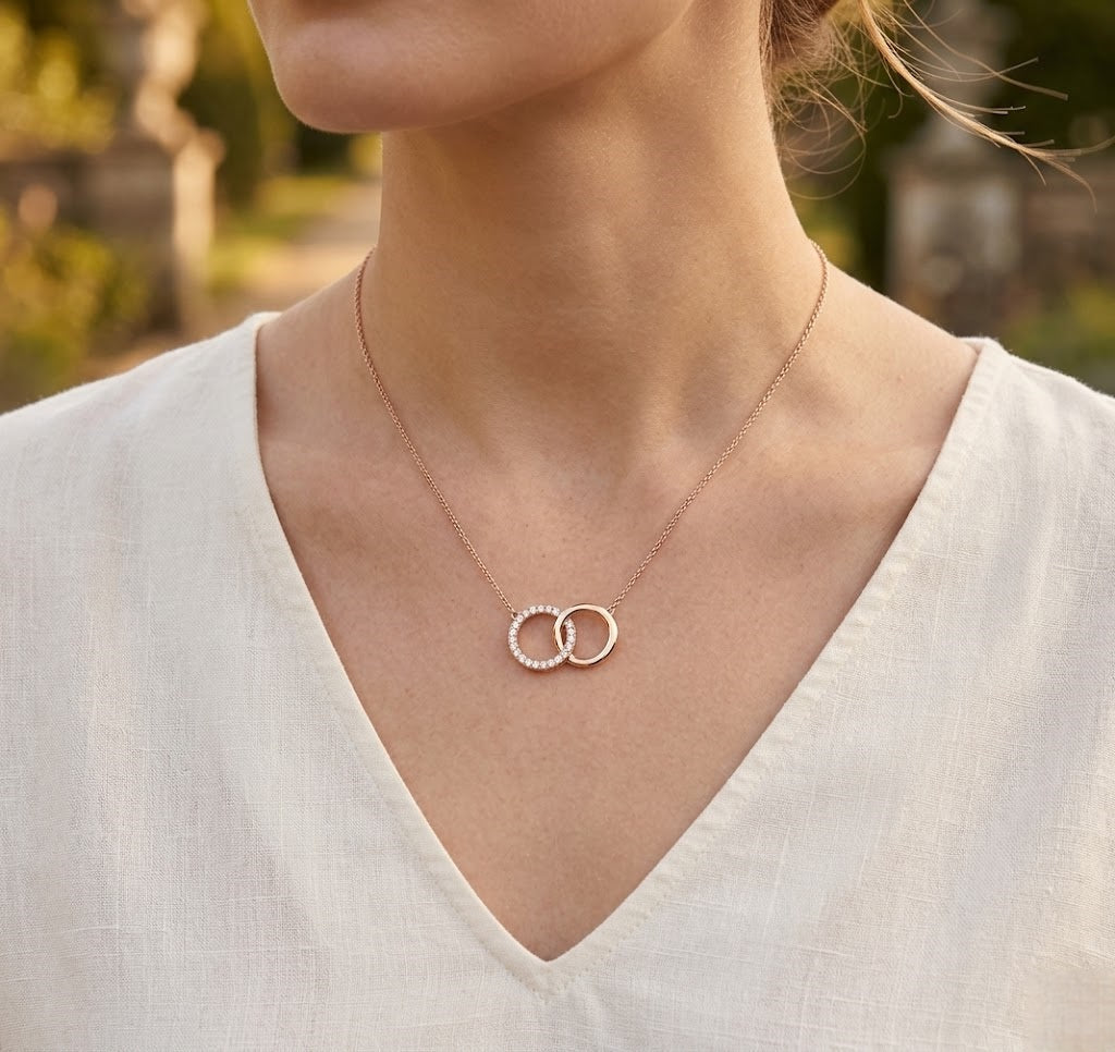 Double Circle Diamond Pendant Necklace in 10K/14K gold and platinum with certified lab-grown or natural diamonds