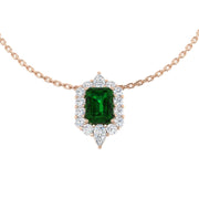 Emerald Pendant Halo Necklace with Diamond Cluster Design - UK Made in 10K/14K gold and platinum with certified lab-grown or natural diamonds