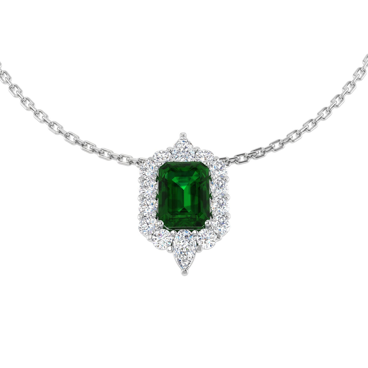 Emerald Pendant Halo Necklace with Diamond Cluster Design - UK Made in 10K/14K gold and platinum with certified lab-grown or natural diamonds