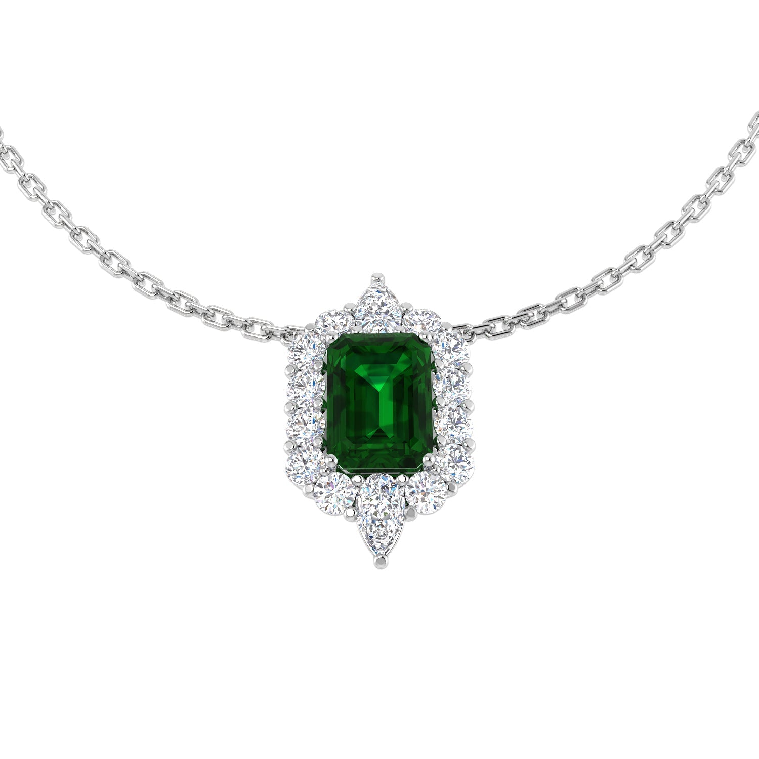 Emerald Pendant Halo Necklace with Diamond Cluster Design - UK Made in 10K/14K gold and platinum with certified lab-grown or natural diamonds