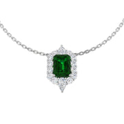 Emerald Pendant Halo Necklace with Diamond Cluster Design - UK Made in 10K/14K gold and platinum with certified lab-grown or natural diamonds