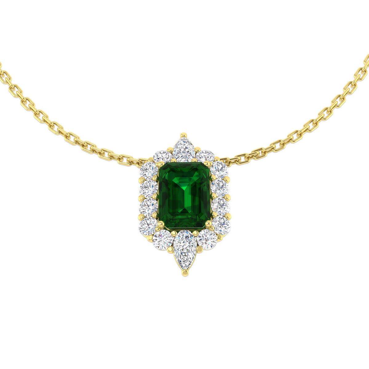 Emerald Pendant Halo Necklace with Diamond Cluster Design - UK Made in 10K/14K gold and platinum with certified lab-grown or natural diamonds