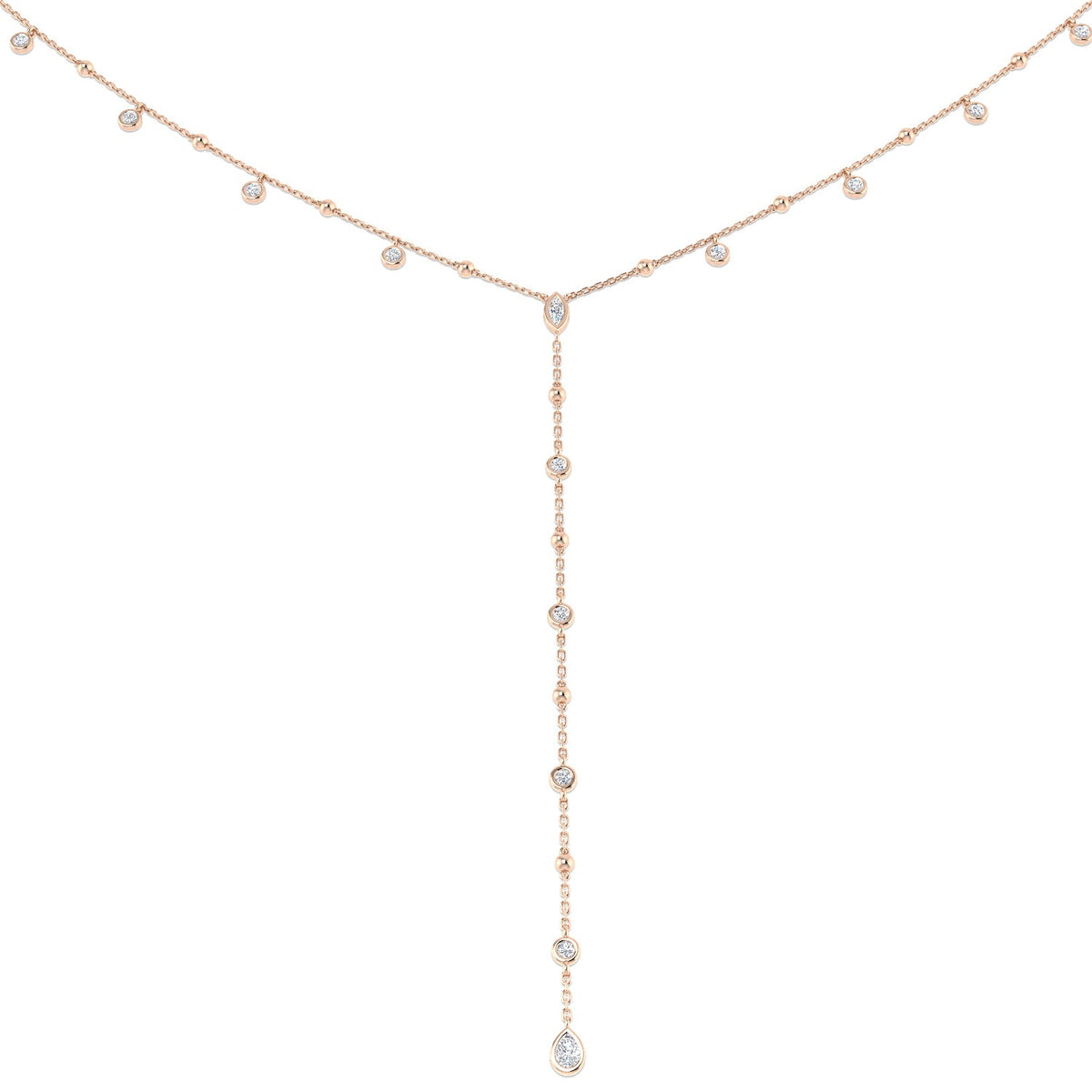 Diamond Lariat Y Necklace with Pear Diamond Drop in 10K/14K gold and platinum with certified lab-grown or natural diamonds