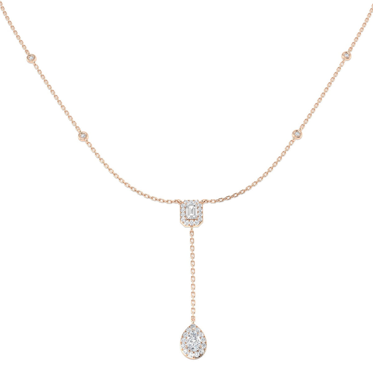 Emerald Cut & Pear Diamond Halo Y-Drop Necklace in - UK Made in 10K/14K gold and platinum with certified lab-grown or natural diamonds