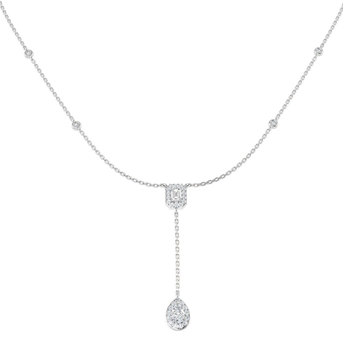 Emerald Cut & Pear Diamond Halo Y-Drop Necklace in - UK Made in 10K/14K gold and platinum with certified lab-grown or natural diamonds