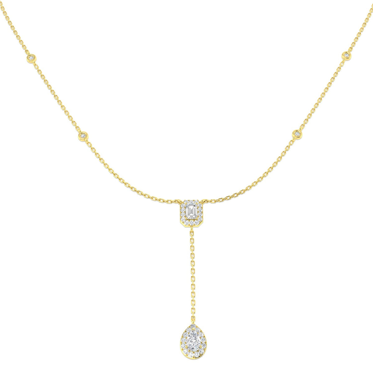 Emerald Cut & Pear Diamond Halo Y-Drop Necklace in - UK Made in 10K/14K gold and platinum with certified lab-grown or natural diamonds