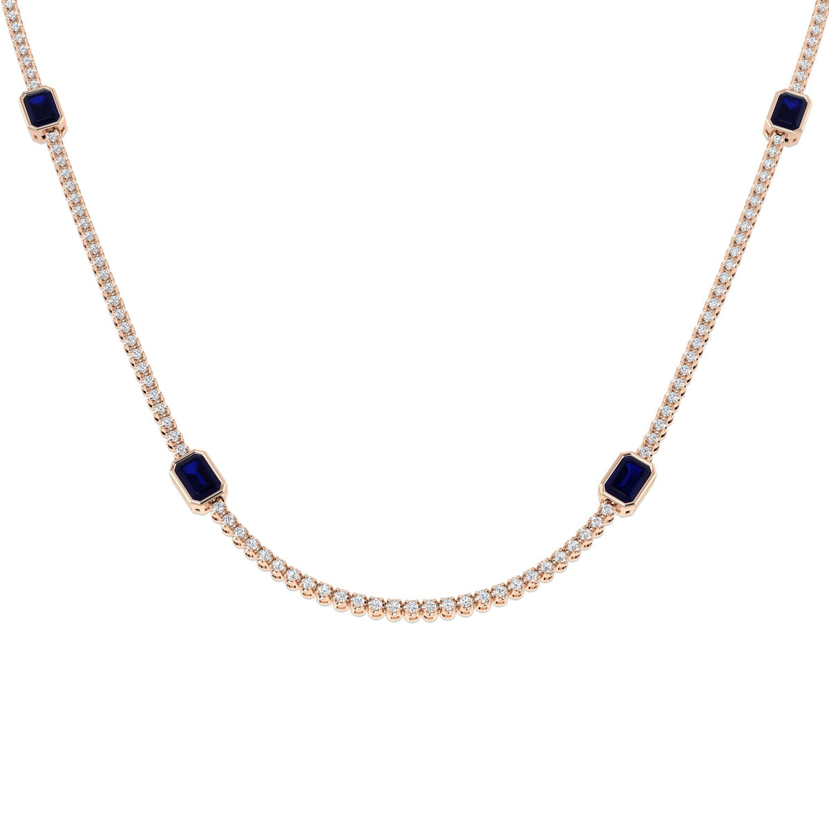 Blue Sapphire & Diamond Tennis Necklace in 10K/14K gold and platinum with certified lab-grown or natural diamonds