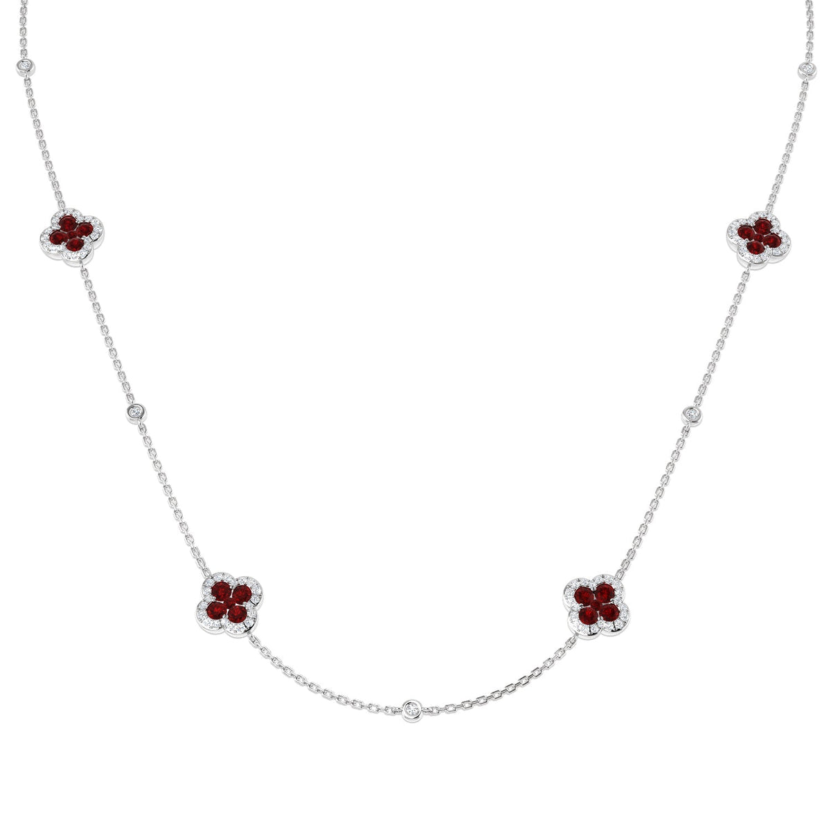 Ruby Flower Station Necklace with Diamond Accents -Clover Design in 10K/14K gold and platinum with certified lab-grown or natural diamonds