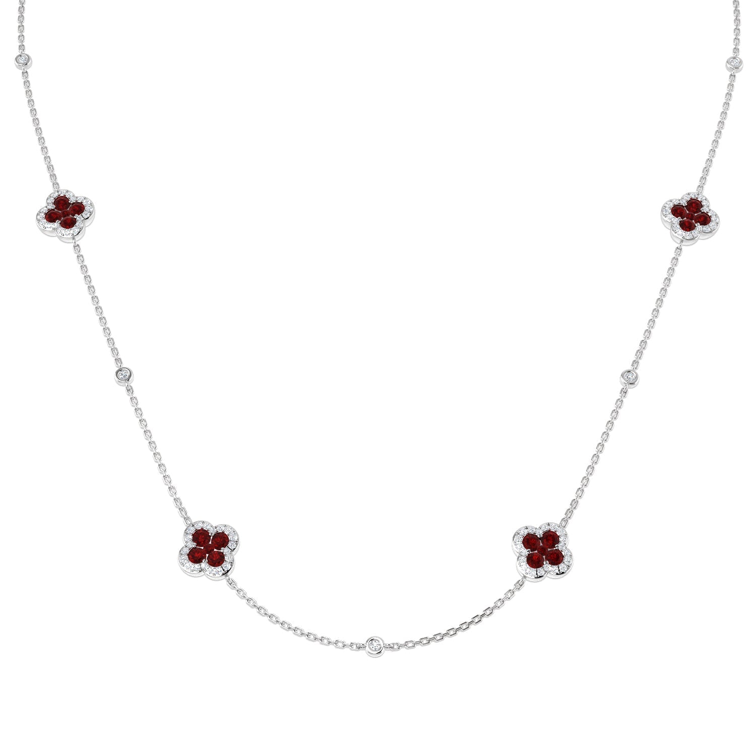 Ruby Flower Station Necklace with Diamond Accents -Clover Design in 10K/14K gold and platinum with certified lab-grown or natural diamonds