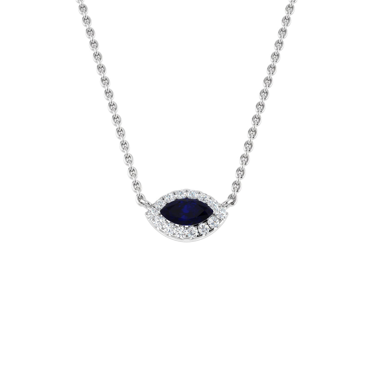 Marquise Cut Blue Sapphire & Diamond Halo Necklace in 10K/14K gold and platinum with certified lab-grown or natural diamonds