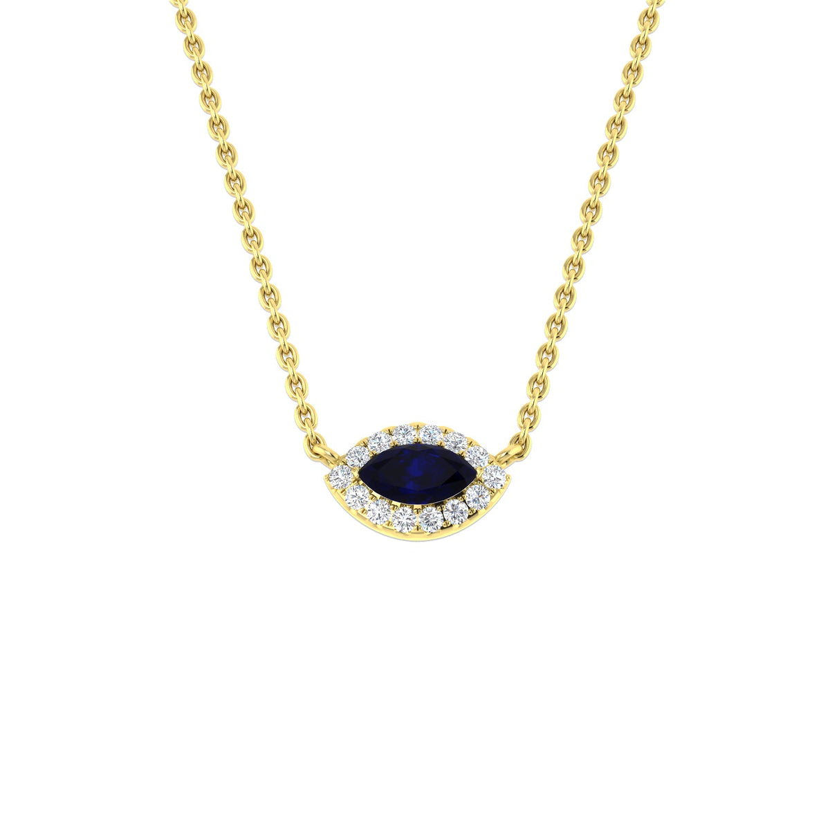 Marquise Cut Blue Sapphire & Diamond Halo Necklace in 10K/14K gold and platinum with certified lab-grown or natural diamonds