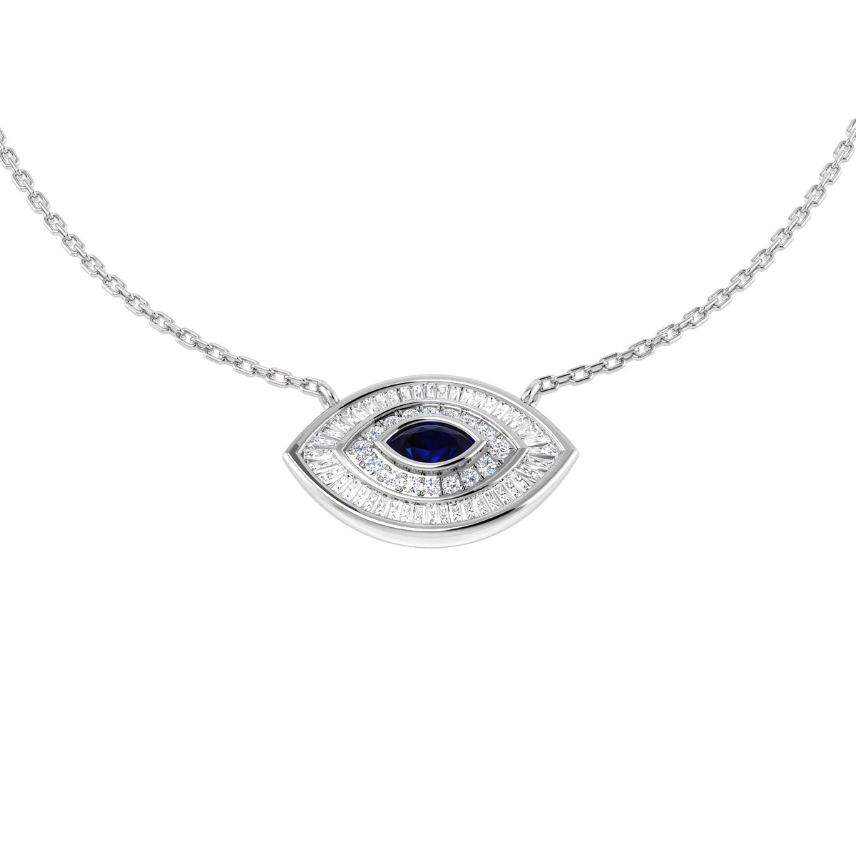 Marquise Blue Sapphire Evil Eye Diamond Necklace in 10K/14K gold and platinum with certified lab-grown or natural diamonds